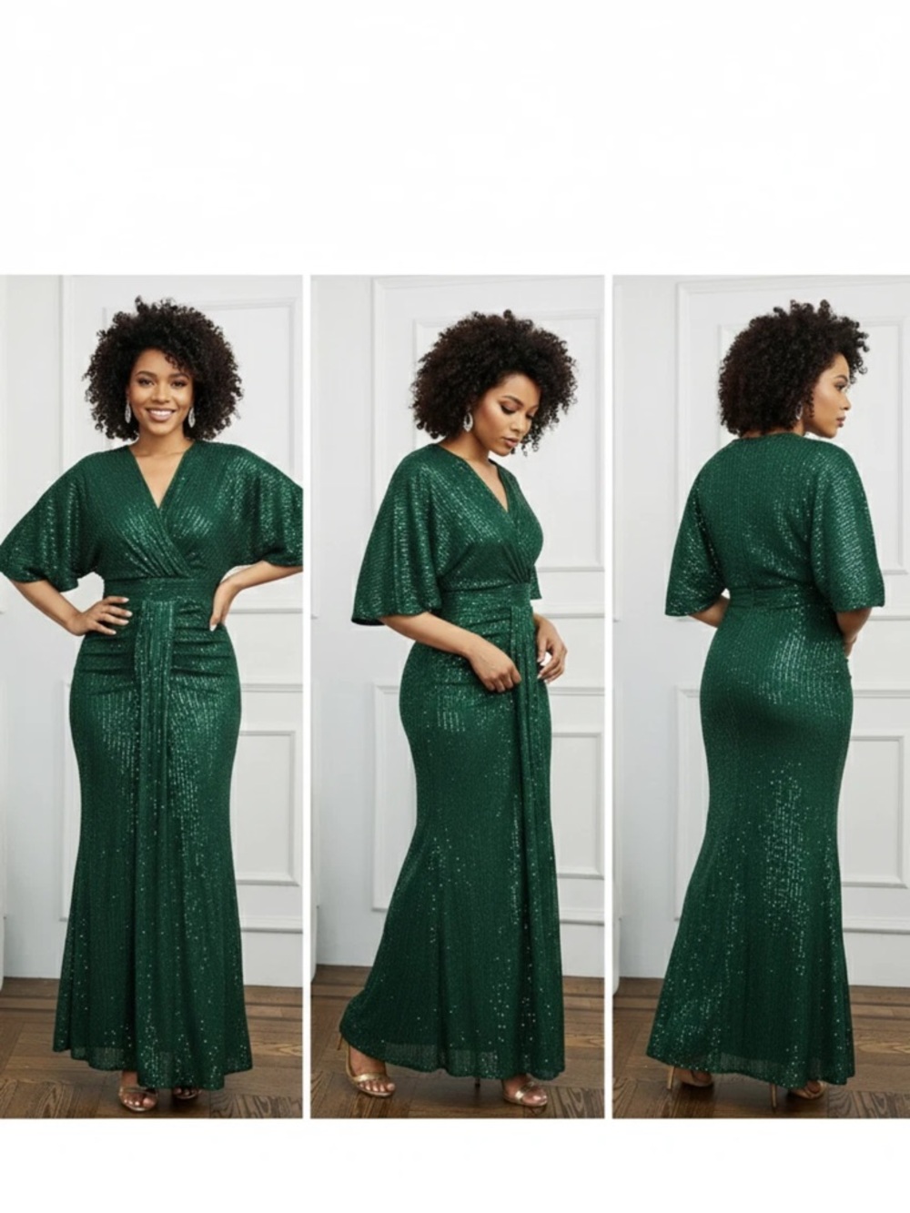 Elegant Emerald Green Sequin Wrap Gown - Picture 3 of 3